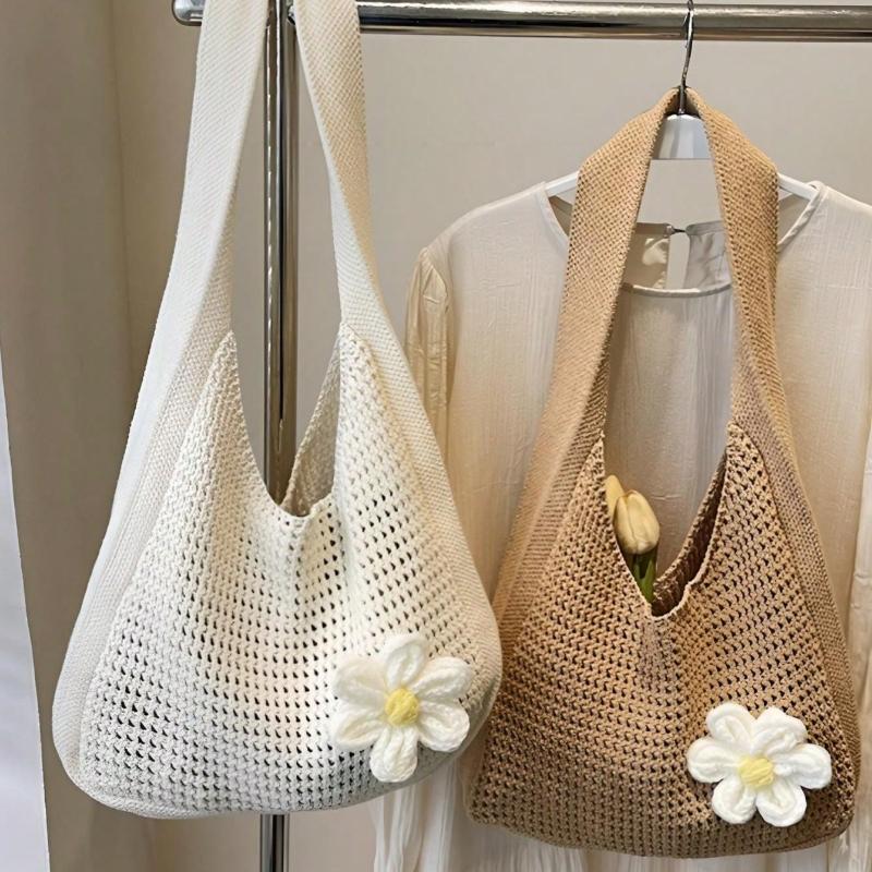 One Shoulder Woven Bag, New Vacation Casual Beach Bag, Crochet Woven Tote Handbag, Back To School Student Project Bag