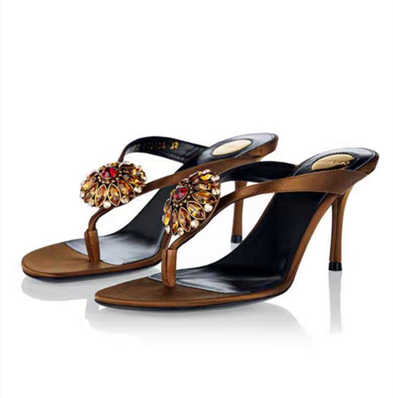 Fashion Luxury CRYSTAL Flower Decoration Clip Toe Slippers Women Sexy Slide Sandals Elegant Banquet Thin High Heels Designer Flip Flops