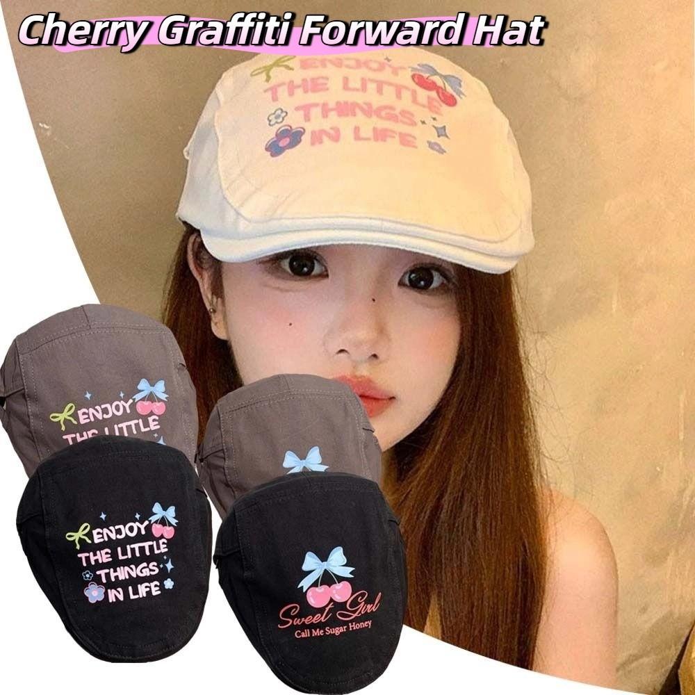Embroidey Graffiti Forward Hat Cherry Artist Hat Adjustable Y2k Beret  Teenagers