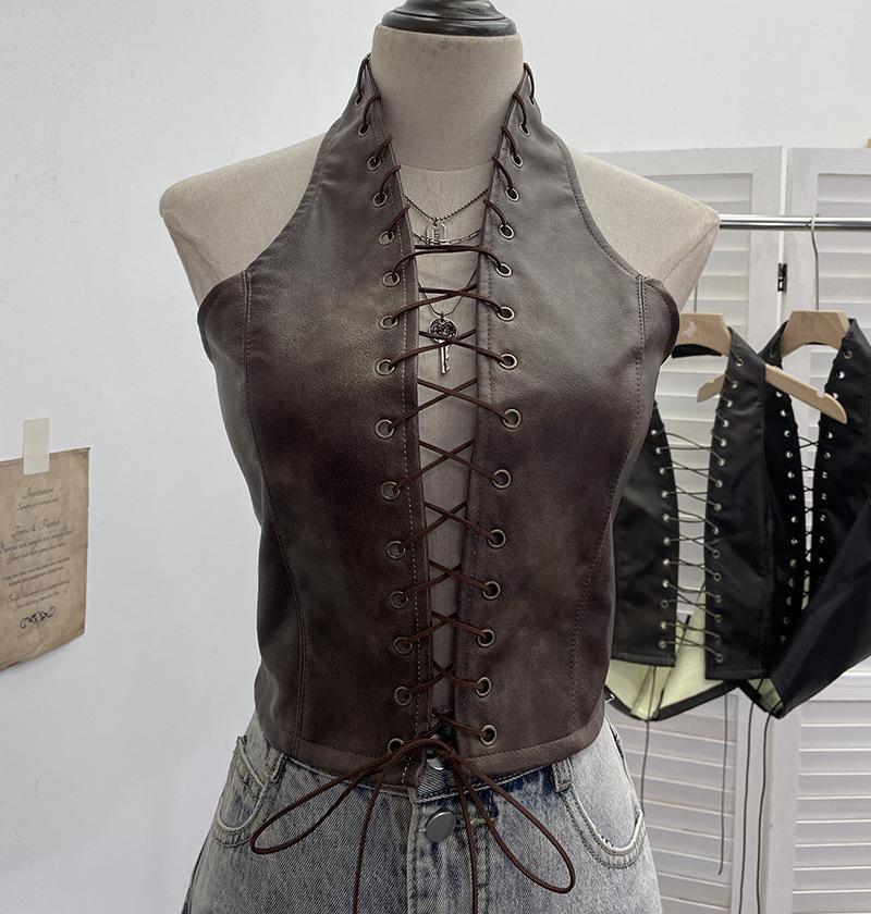 

Сексуальный укороченный топ с вырезами, на шнуровке, с halter-горловиной, из ПУ-кожи, с открытой спиной One Size темно-коричневого