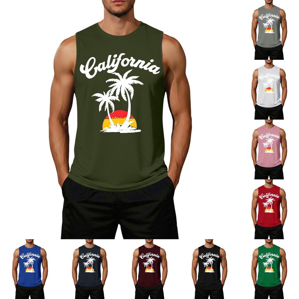 Herren ärmelloses lässiges Tanktop lockere Passform Sommer Strandkleidung Palme Grafikdruck leicht Baumwollmischung Hemd