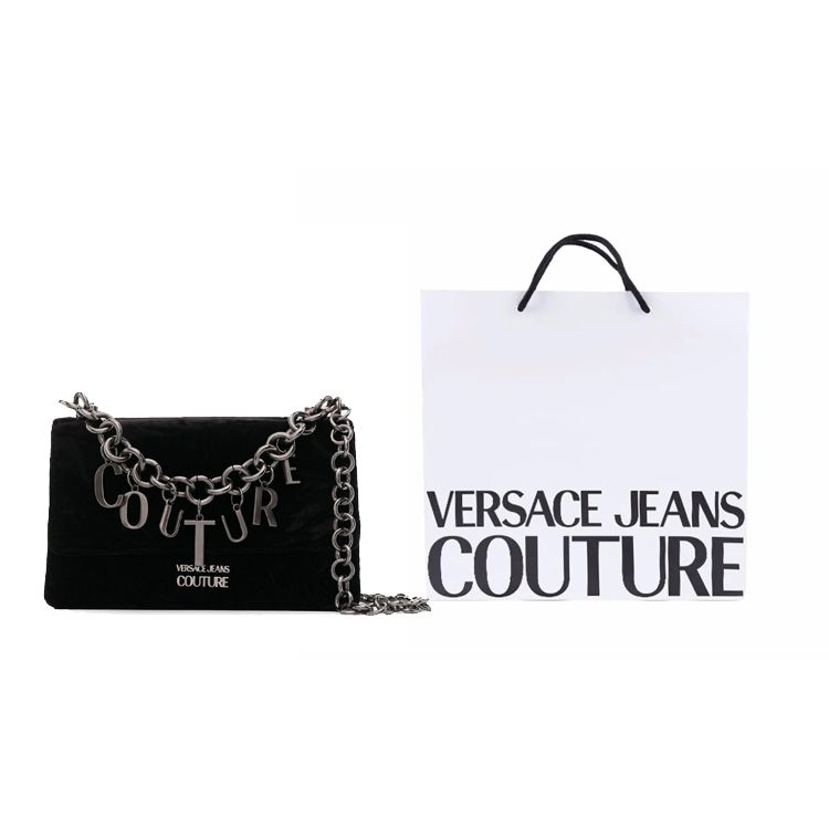 Versace Jeans Couture Logo-Anhänger Kette Verziert Falten-Design Stoff Umhängetasche Damen Umhängetasche Schwarz 73VA4BC1-ZS115-899
