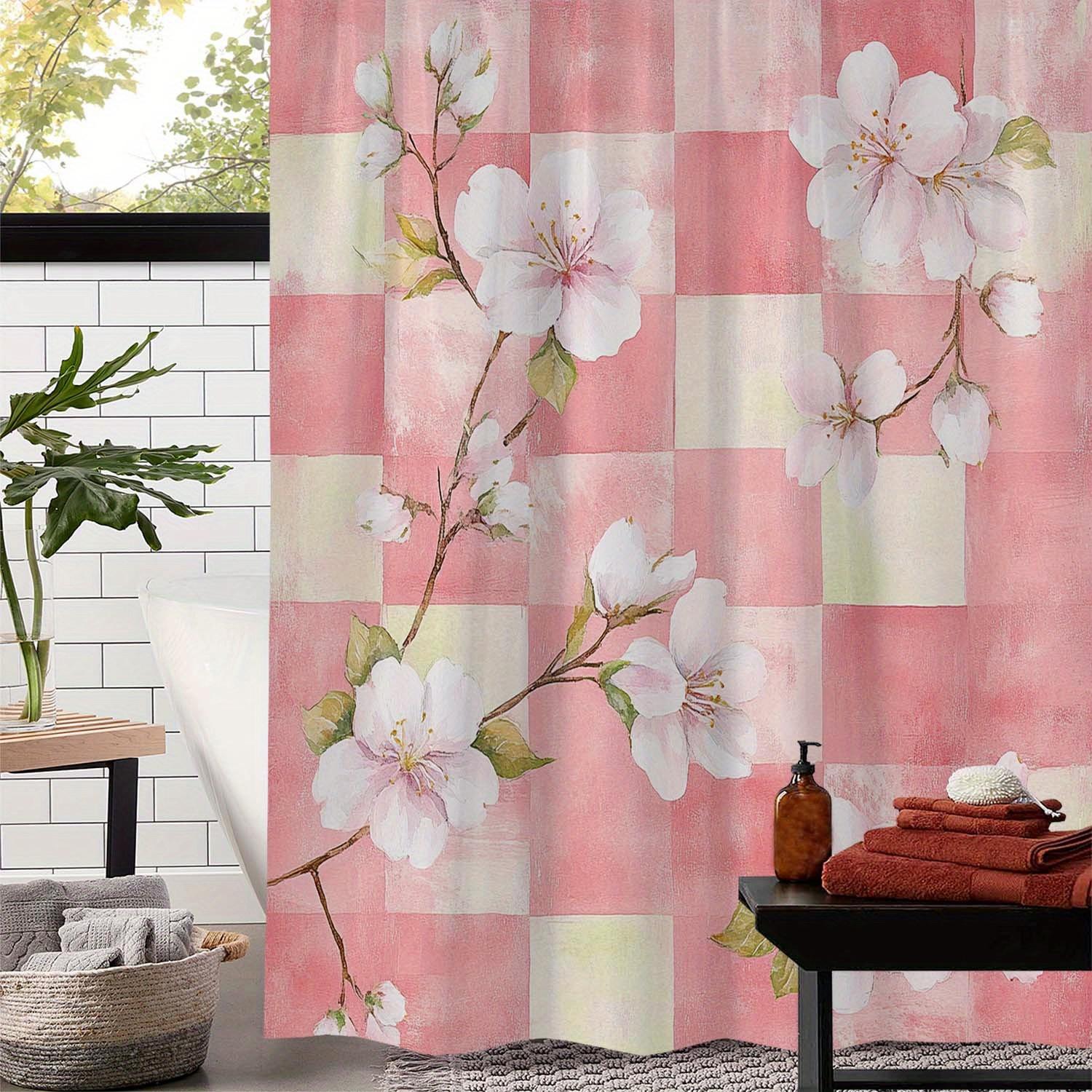 

Elegant Pink Peach Blossom & Checkered Shower Curtain - Waterproof Polyester, 12 Hooks, Machine Washable, Ideal Bath Decor W60H190(CM)-1 Pcs