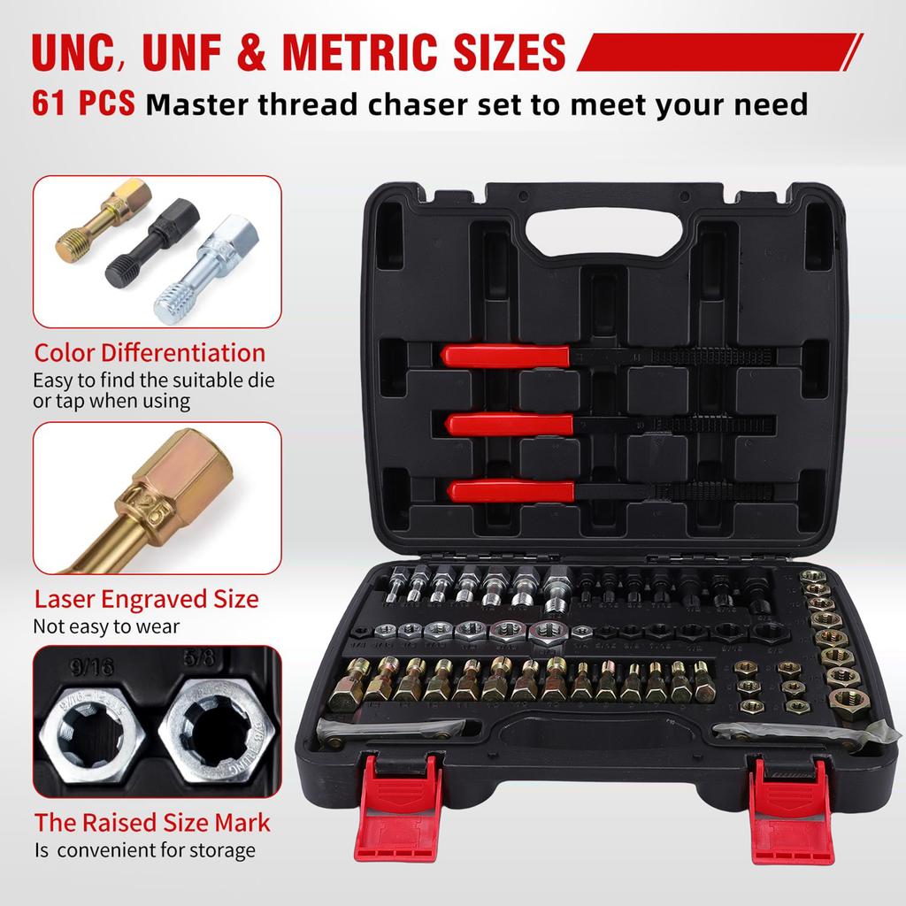 61PCS Thread Repair Kit for Damaged Nuts and Bolts, Portable UNC UNF and Metric Thread Chaser Set for Automotive Repair