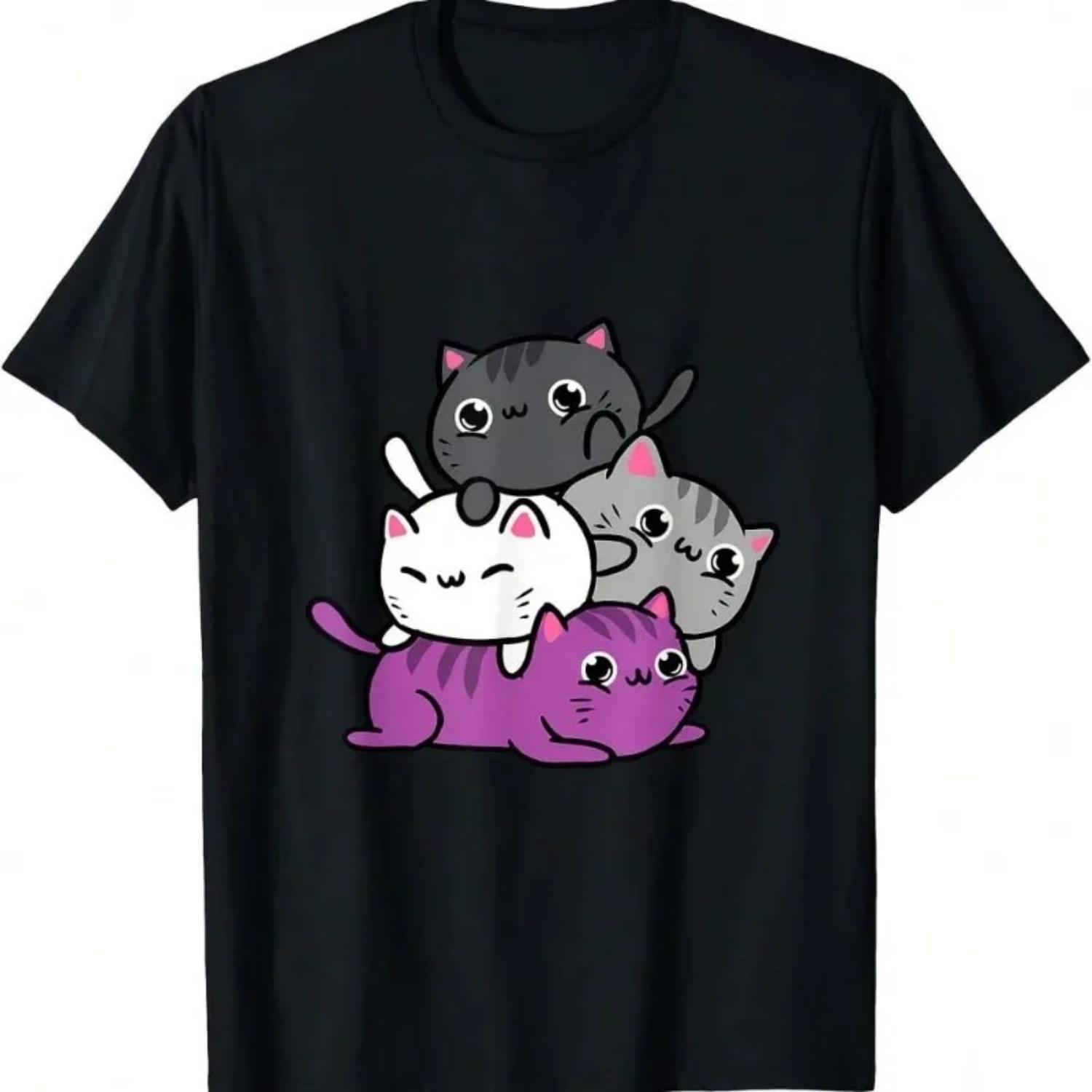

Kawaii Cat Pile Sexless Pride Pattern Women s T-Shirt Printed Fashion Short Sleeve Summer Casual Harajuku Cotton Clothing S чёрный