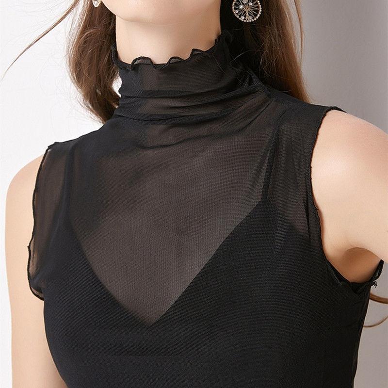 Summer Lace Blouse with High Neckline and Mesh Sleeveless Inner Lining Sexy Women's Top