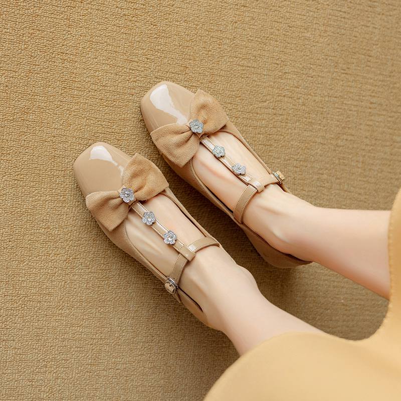 Krazing Pot Sheepskin Summer Size 40 Crystal Low Heels Butterfly-knot Rhinestone Flowers Square Toe Elegant Sweety Pumps