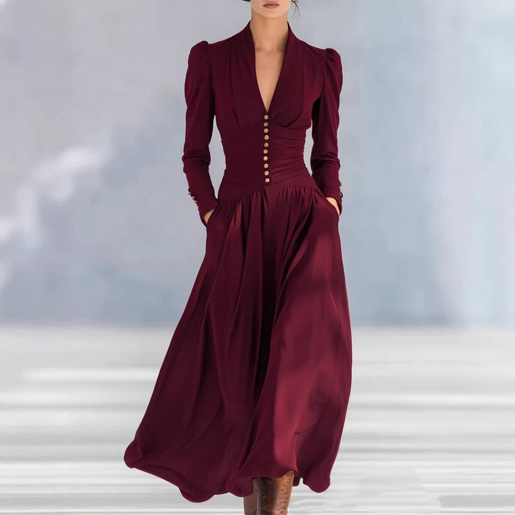 Abito Maxi da Donna con Scollo a V Profondo Vita Alta Senza Maniche Dettaglio Bottoni Tasca Elegante Abito da Sera per Feste