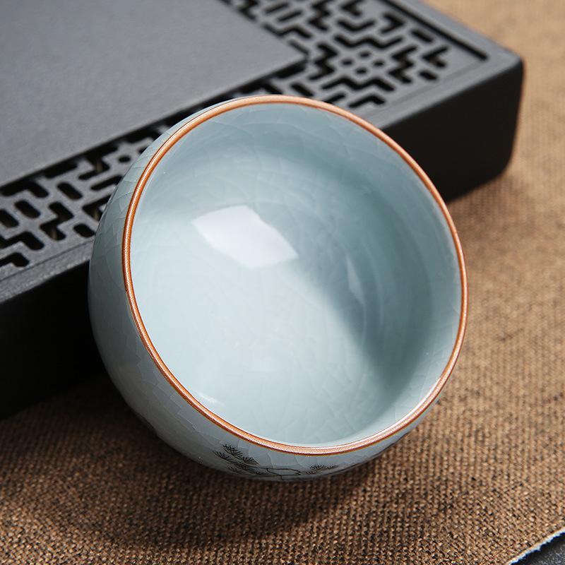 Tea Cup Ceramic Tasting Cup Hand-painted Ru Kiln Crackle Glaze Nurturing Pu'er Kung Fu Single Cup Retro Master Cup with PrintLOG