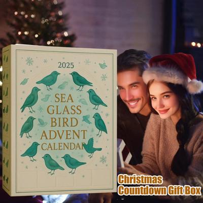 Meeresglas Vogel Adventskalender 2025 24-Tage Weihnachts-Countdown-Box mit Acryl-Vogelornamenten Einzigartiges Weihnachtsgeschenk für Naturliebhaber