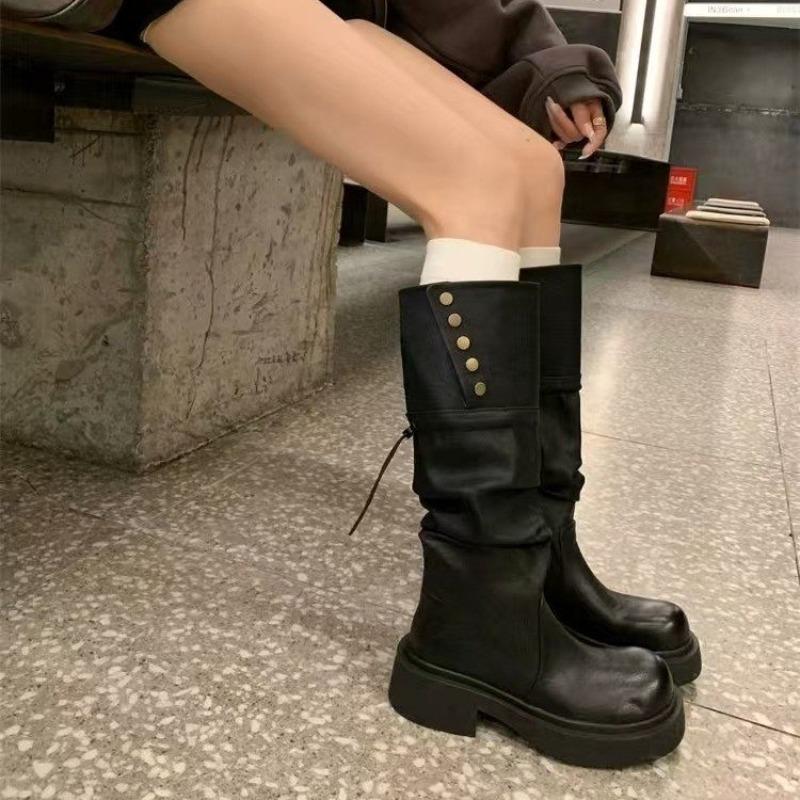New Style Fashion Platform Women Knee High Boots Fashion Slip On Knight Long Booties Square High Heels Autumn Winter Shoes