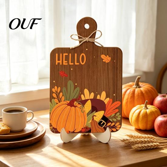 Autumn Party Supplies Hello Fall Wooden Sign, Cutting Board Shape Harvest Tabletop Ornament with Home Accents Hanging Rope & Stand, Rustic Farmhouse