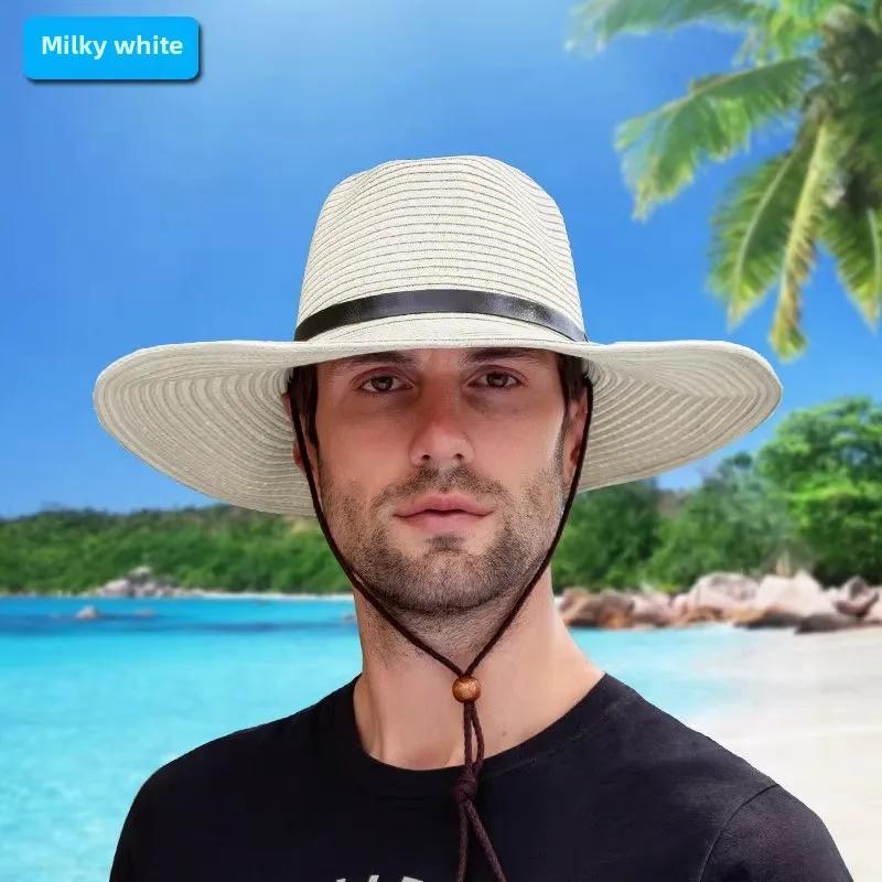 Foldable Jazz Straw Hat for Men and Women Summer Beach Strap Sunscreen Outdoor Sports Sun Hat Big Brim Woven Straw Hat