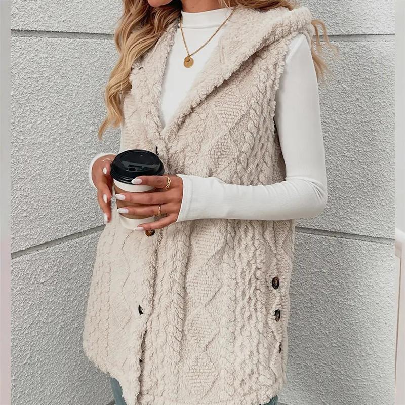 Női Kétoldalas Plüss Mellény Kapucnis Gombos Kardigán Ősz Tél Egyszínű