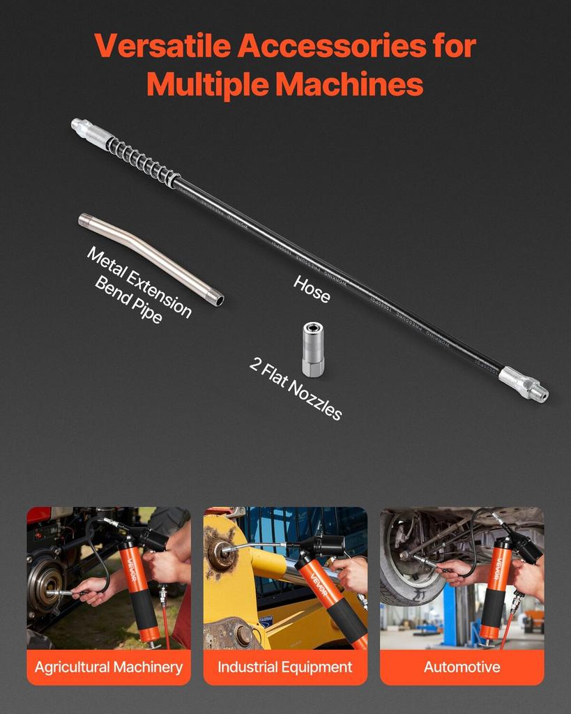 Grease Gun, 6000 PSI High Pressure, Heavy Duty Pistol Grip Grease Gun Kit with 0.4 L Capacity, Includes 45.7 Cm Flex Hose, 1 Extension Rigid Pipe and