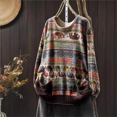 Damen Herbst Pullover mit Elefanten-Print und Doppeltaschen, Kontrast-Pullover, lässig, lockerer Vintage-Stil, O-Ausschnitt
