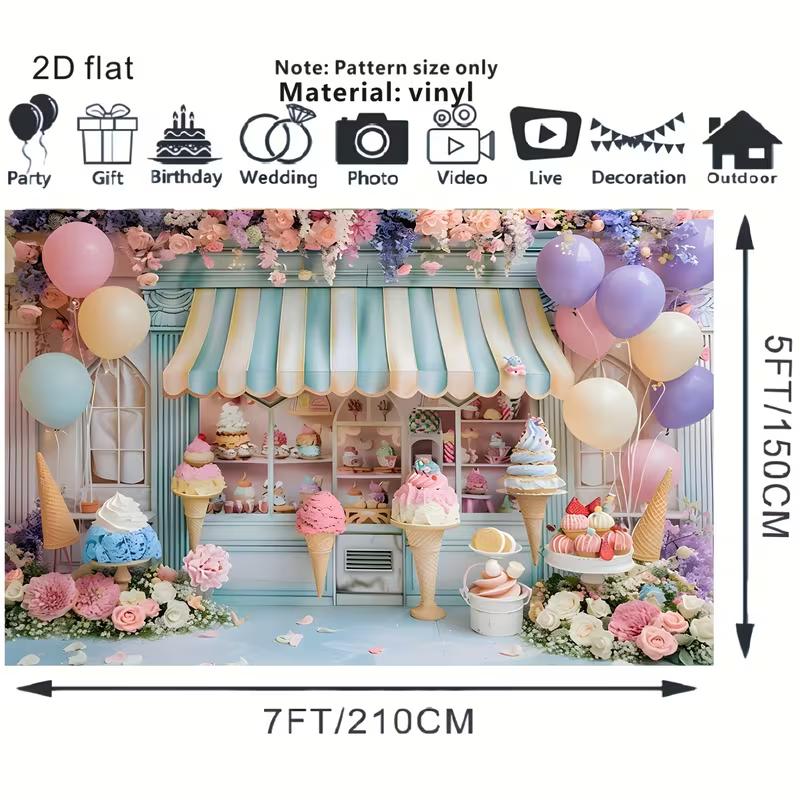 2D Ice Cream Shop Backdrop with Balloons and Flowers Photography Background