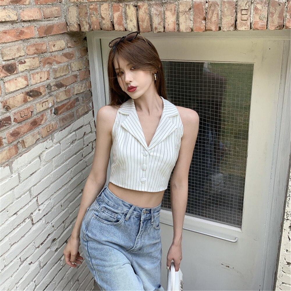 Multicolor Lapel Suit Style Women Crop Top Summer Sleeveless Halter Tank Stripes Print Button Single-Breasted Camisole 2023