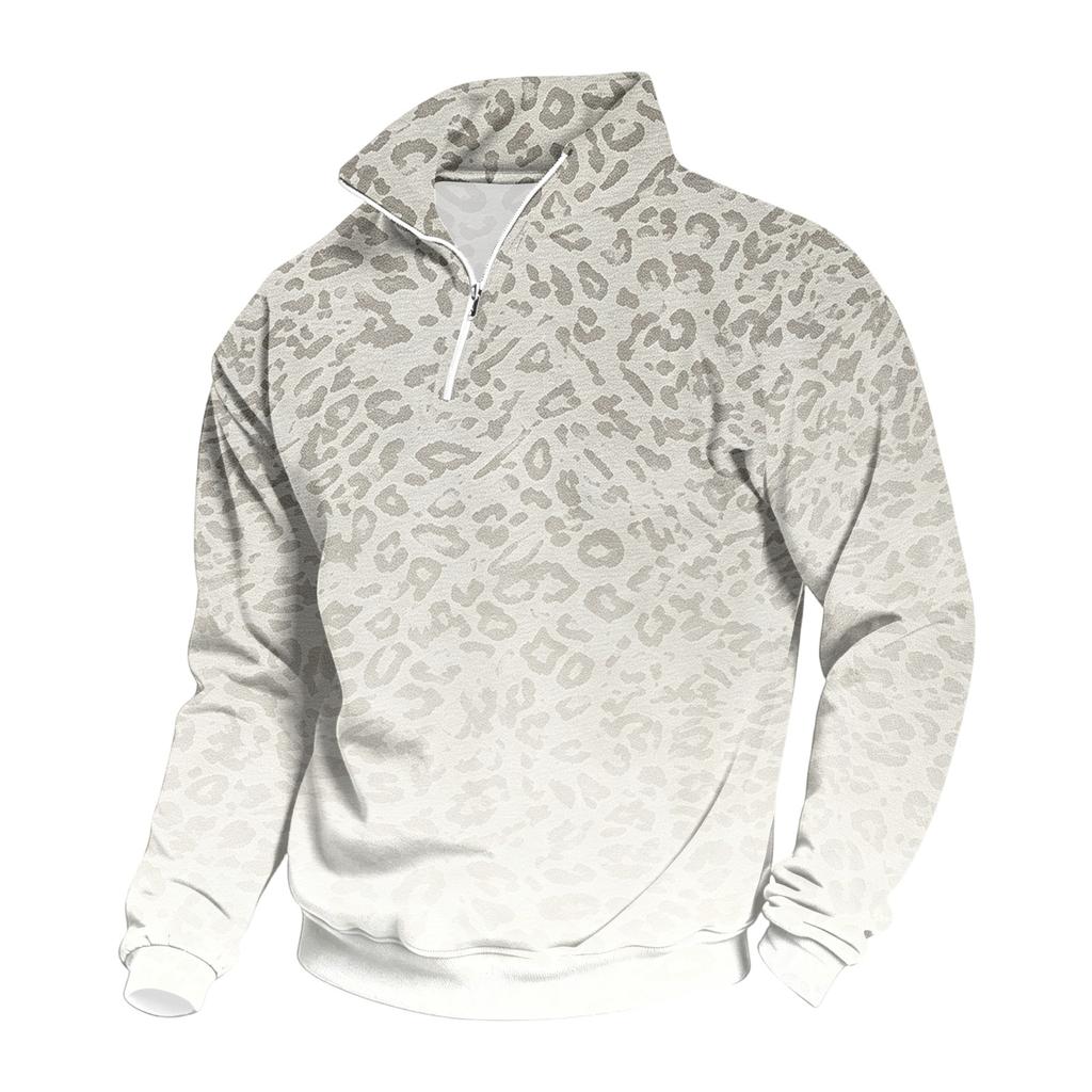 Felpa Casual da Uomo con Zip a 1/4 e Collo Alto con Stampa Leopardo per l'Uso Quotidiano