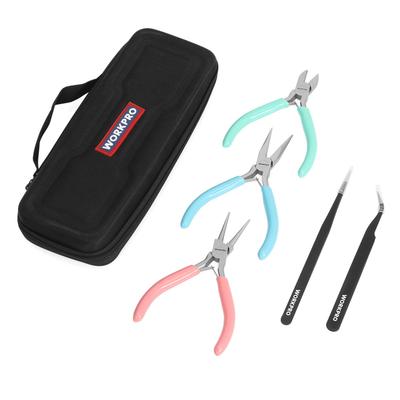 WORKPRO Zubehörwerkzeug Flach Rund und Set für Bastelarbeiten mit Aufbewahrungskoffer Set Zangen, Greifzangen, Seitenschneider, Zangen, Pinzetten, 5-teilig
