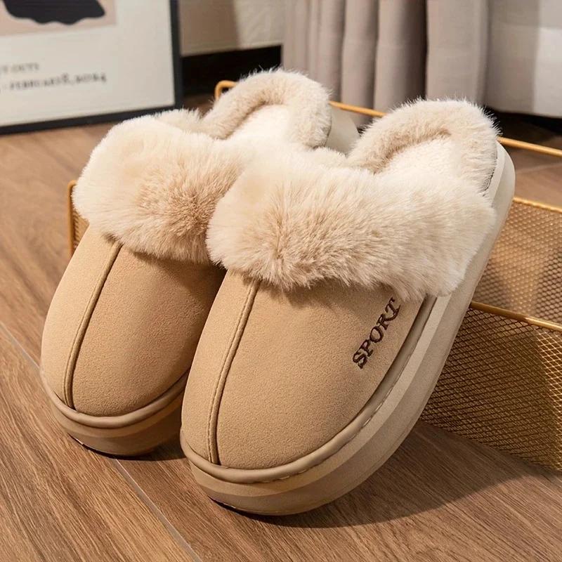 Women Thickened Fluff Warm Slippers Winter Warm Couple Style Concise Fluffy Soft Slippers Men Non-slip Indoor Home Cotton Shoes