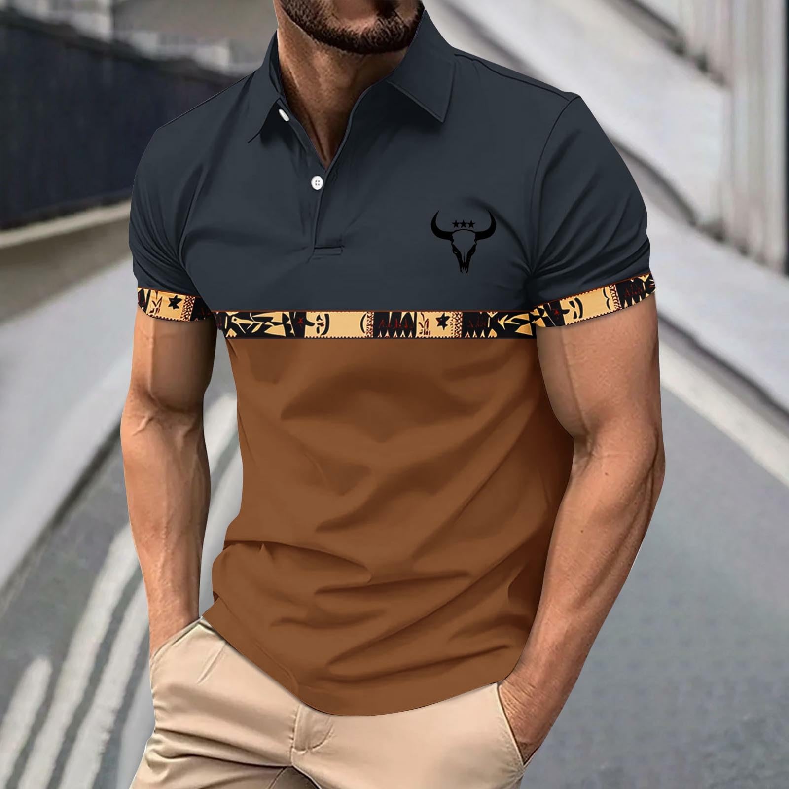 

Men s Western Bull Print Shirts Color Block Collared Short Sleeve Shirt Casual Summer Tops For Golf & Daily Wear XL Темно-синій