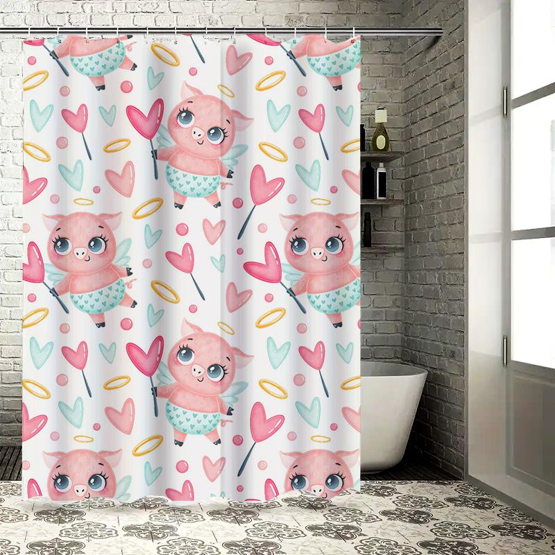 Elegant Pink Pig Print Shower Curtain Set For Bathroom Decor With Hooks Waterproof Fabric In White Pastel Colors
