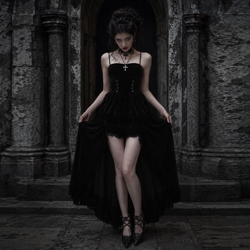 Abito da Donna Gotico in Pizzo e Velluto Nero e Rosso per Festa in Costume di Halloween