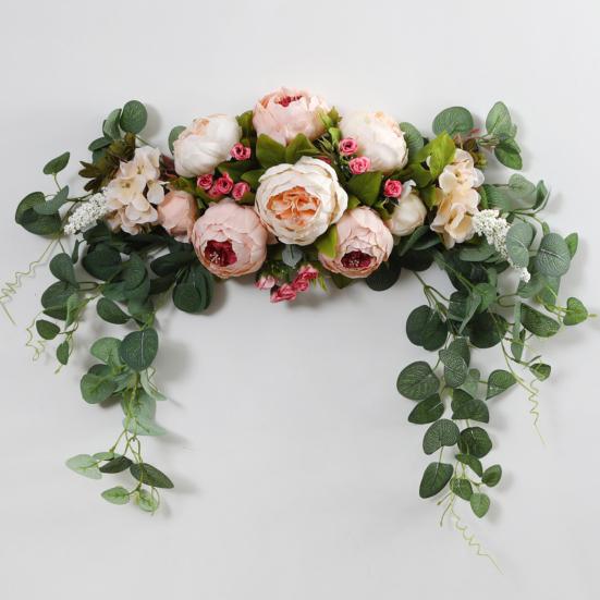 Artificial Peony Flower Swag with Green Leaves Wedding Party Arch Flower Welcome Sign Decorative Floral Swag Door Lintel Wall Window Decor