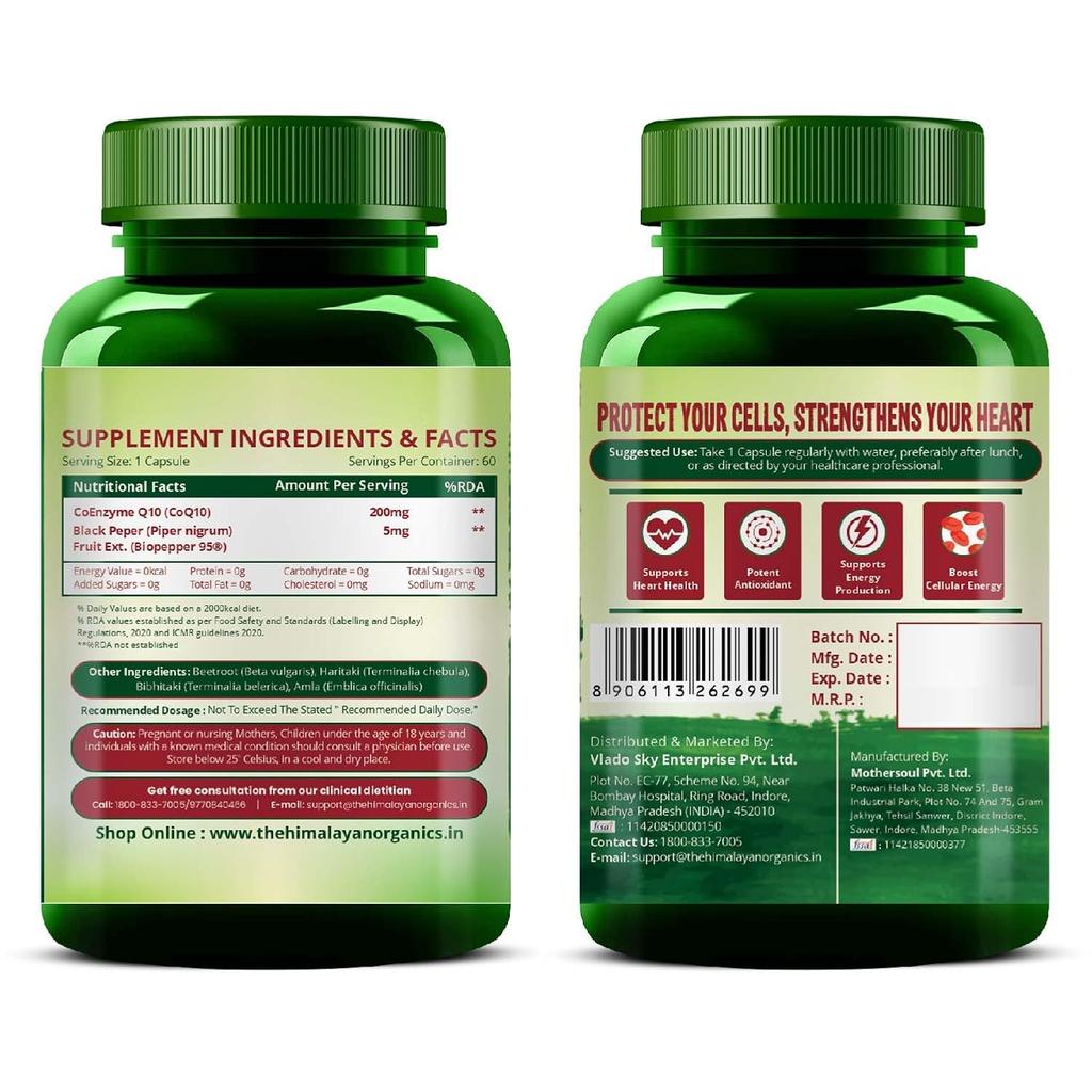 Vlado's Himalayan Organics CoQ10 200 mg Supplement With BioPepper High Absorption Energy Support Veg Capsules Pack