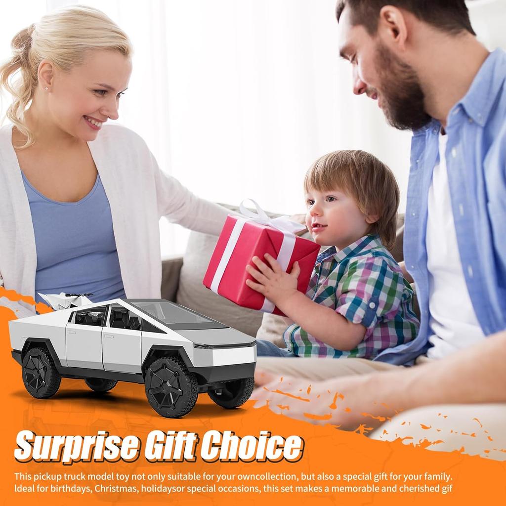 Cybertruck Toy Car,1:24 Zinc Alloy Pull Back Toy Car with Sound and Light,Cyberquad Display Model,Gifts for Boys and Girls (Silver)