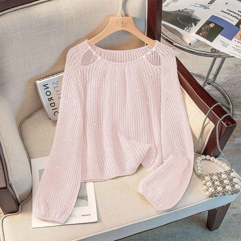 

Womens White Knit Crop Top Casual Crew Neck Long Sleeve Sheer Sweater onesize розовый