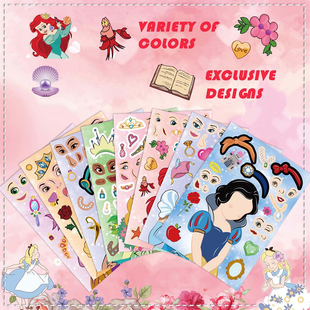 816Sheets Disney Princess Children Puzzle Stickers Make-A-Face Funny Diy Assemble Jigsaw Cartoon Sticker Kids Educational Toys