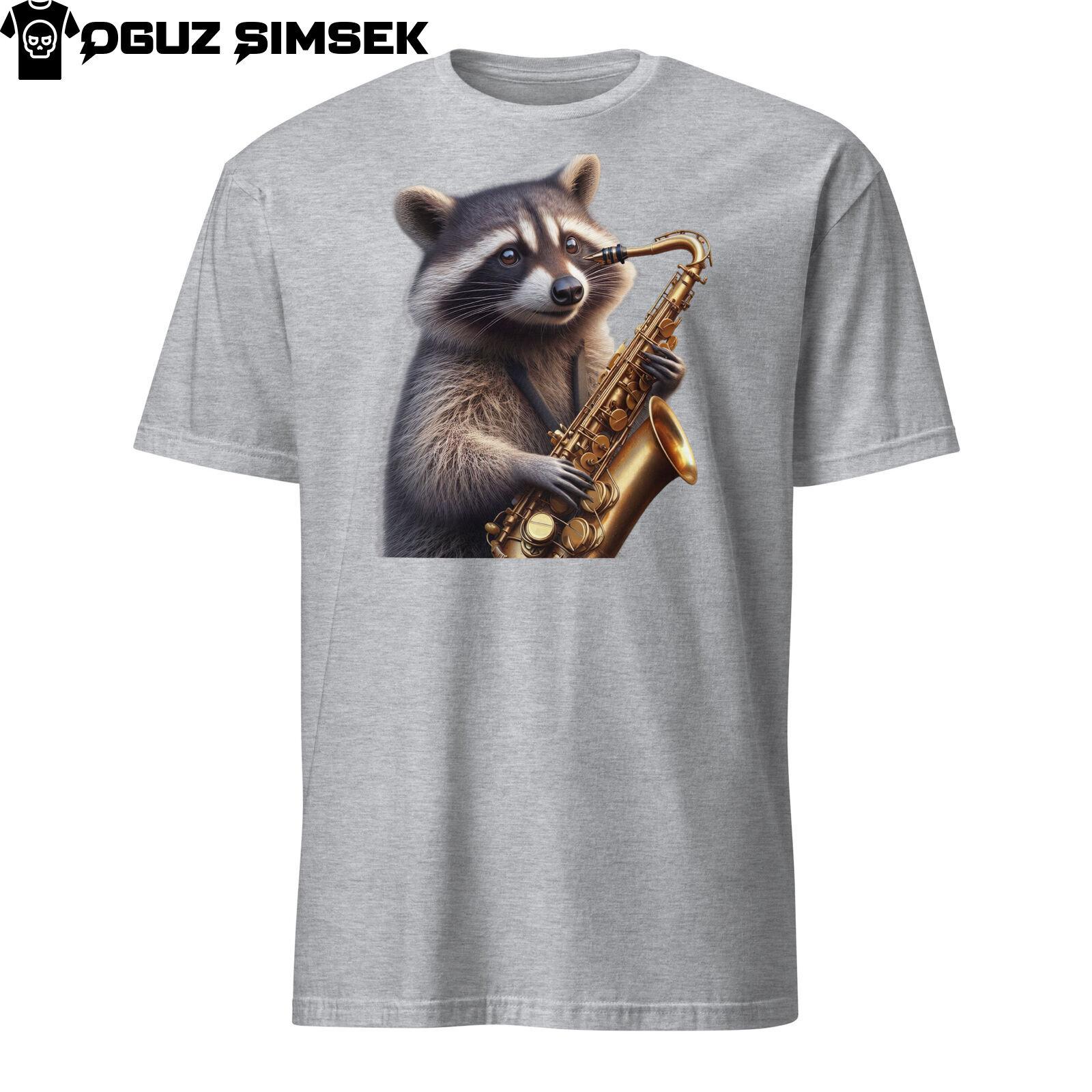 Realistic Raccoon Playing Saxophone Graphic Short-Sleeve Unisex T-Shirt Mens Womens Tees Top 4XL