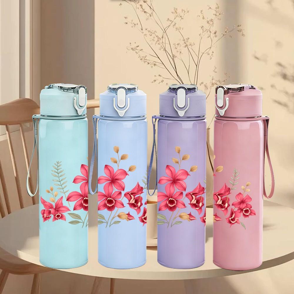 1PC Pink Wild Flower Bouquet Print 750ml Color Plastic Sports Water Bottle Leakproof Flip Straw Lid Suitable for Sports Office Home Use