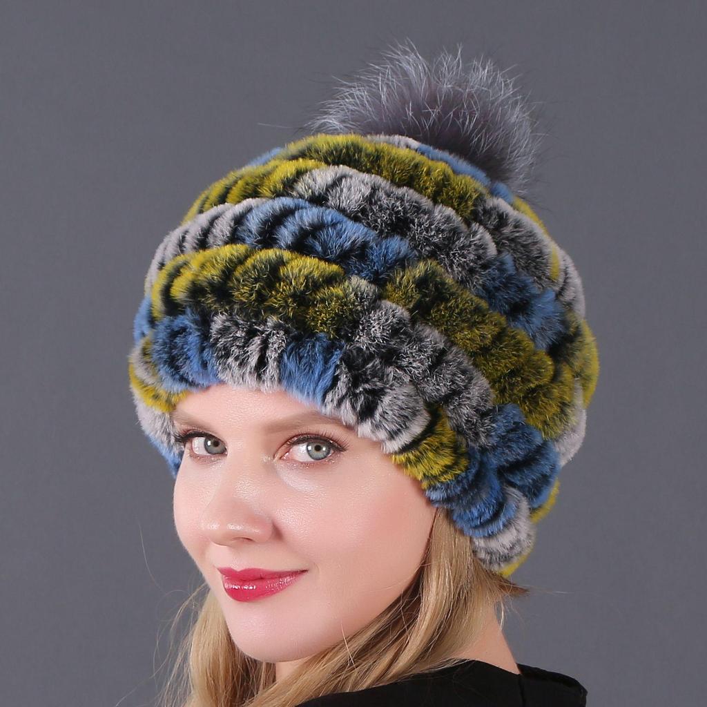 Women's Fur Hat with Rex Rabbit and Fox Fur Pompon for Autumn and Winter