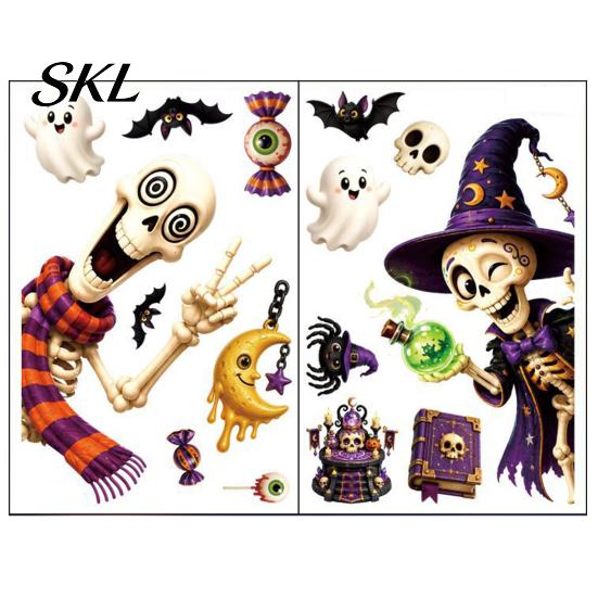 Halloween Window Stickers 2 Sheets Clings, Cartoon Skeleton Static Stickers, Funny Bat And Pumpkin Decals Ghosts Bats Pumpkins for Glass Doors Windows