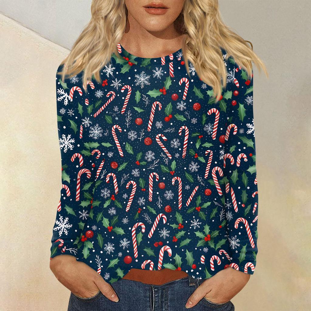 Women's Fashion Casual Christmas Printed Round Neck Long Sleeve Pullover Top