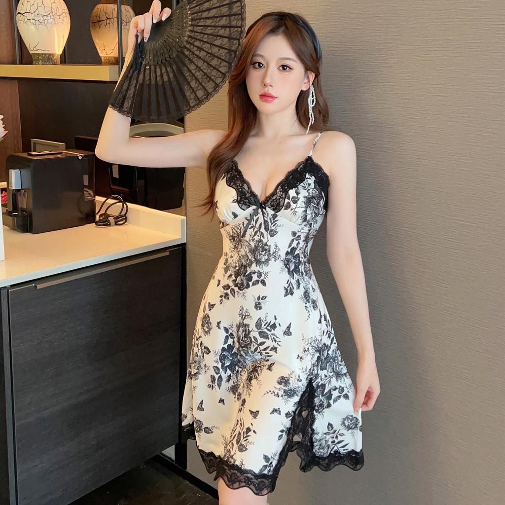 Women's summer print new sexy ice silk nightdress suspender skirt split fork pure desire pajamas with chest pads loungewear