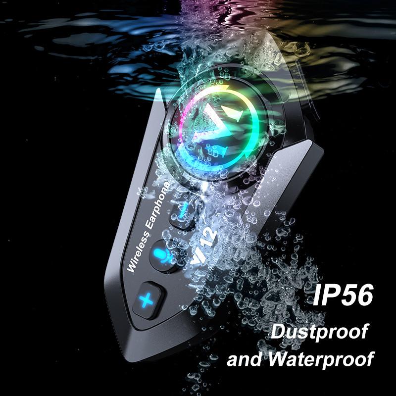 V12 Motorcycle Bluetooth Headset IP56 Waterproof Helmet Communication System with Noise Reduction and FM Radio