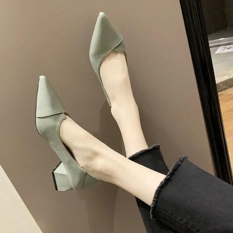Fashion Pointed Toe Chunky Heels Women's Shoes Leather Casual Block Heel Ladies Pumps with Medium on Promotion Fashion Genuine Mark Y2k