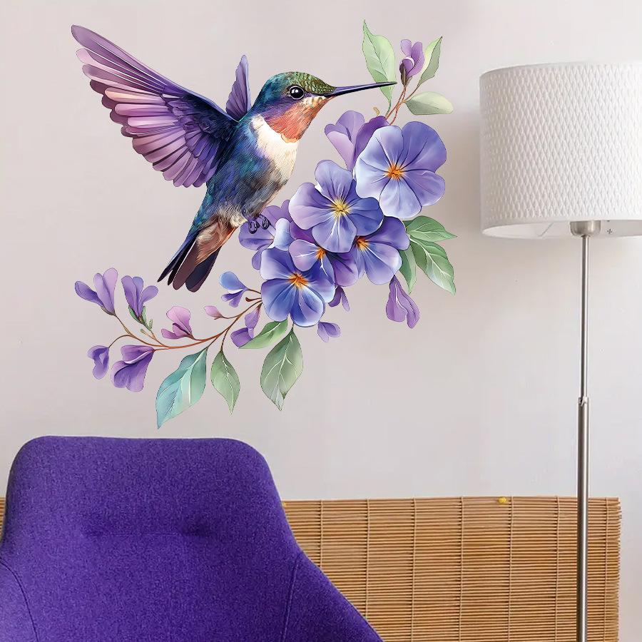 Cartoon Aesthetic Purple Floral Hummingbird Wall Stickers, Self-Adhesive Decor for Room Bedroom Decoration