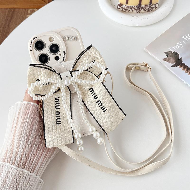 

Pearl Bow Zero Wallet Card Case for IPhone 16 Promax Crossbody Strap for Apple 17 Anti Drop For iPhone 17Promax