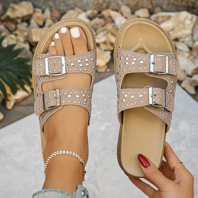 Fashion Fashion Slippers Double Buckles Rivet Decor Women Shoes Summer Platform Sandals Lady Slip on Ware-Resistant Flat Sandals Mujer
