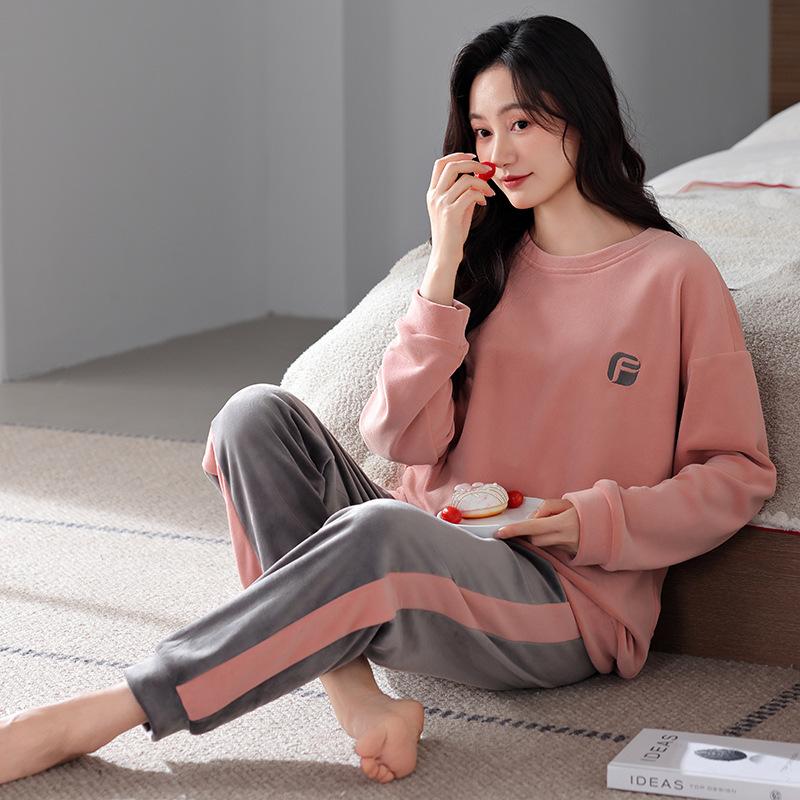 Piżama z polaru wyspowego damska jesienno-zimowa z długim rękawem cienki polarowy komplet termiczny zimowy koralowy polarowy strój domowy