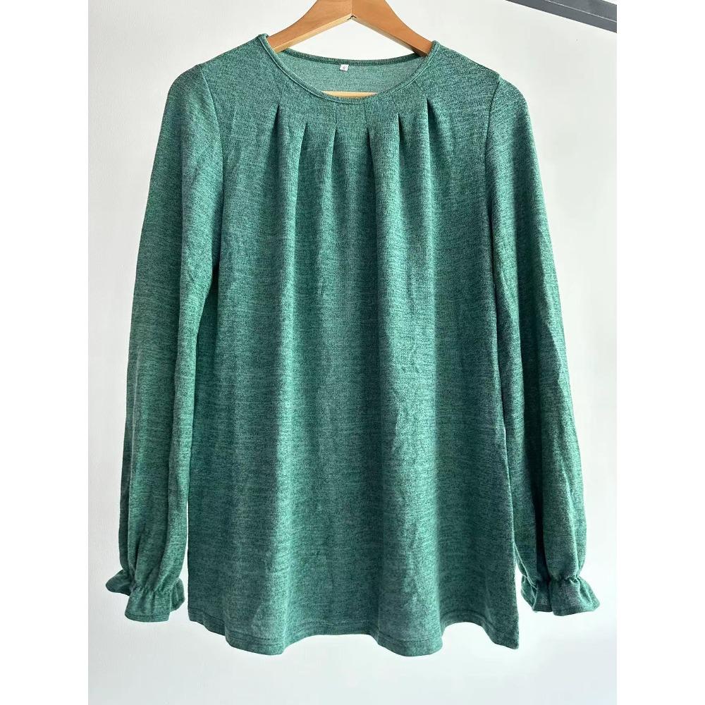 Dámské podzimní ležérní tričko s kulatým výstřihem, plisované, broušené, s dlouhým rukávem