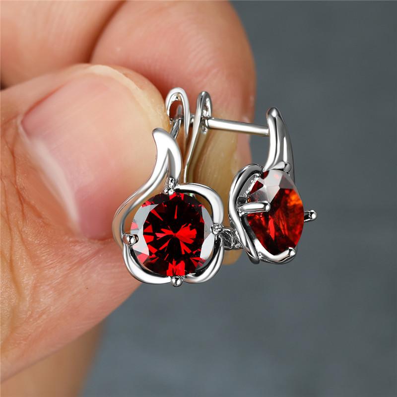 Round Rainbow Red Blue Green Yellow Black Stone Flower Hoop Earrings For Women Silver Color White Zircon Small Ear Buckle Gifts