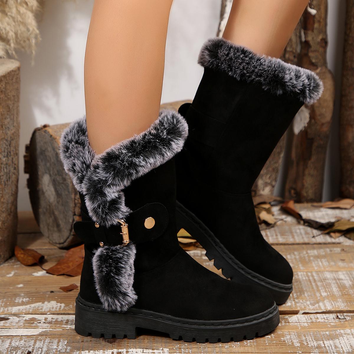 

Fashion Women Snow Boots 2025 Outdoor Luxury Ankle Boots Round Toe Slip on Shoes Female Fashion Comfortable Warm Mid-Calf Boots Women 42 чёрный