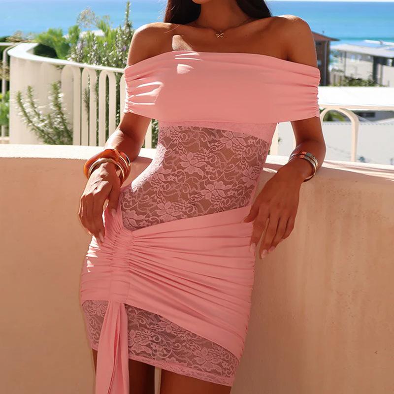 Europe and the United States hot-selling lace dress sexy tube top one-word collar splicing perspective hip strap short skirt women's clothing