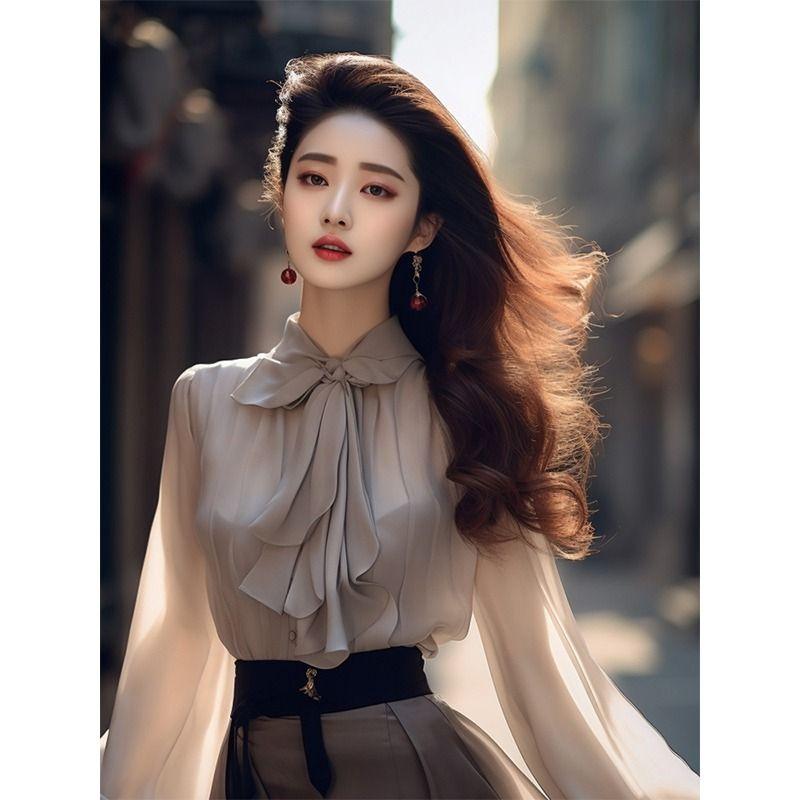Fashionable French Bow-style Shirt 2025 New High-end Commuter Chic Long-sleeved Top Shirt